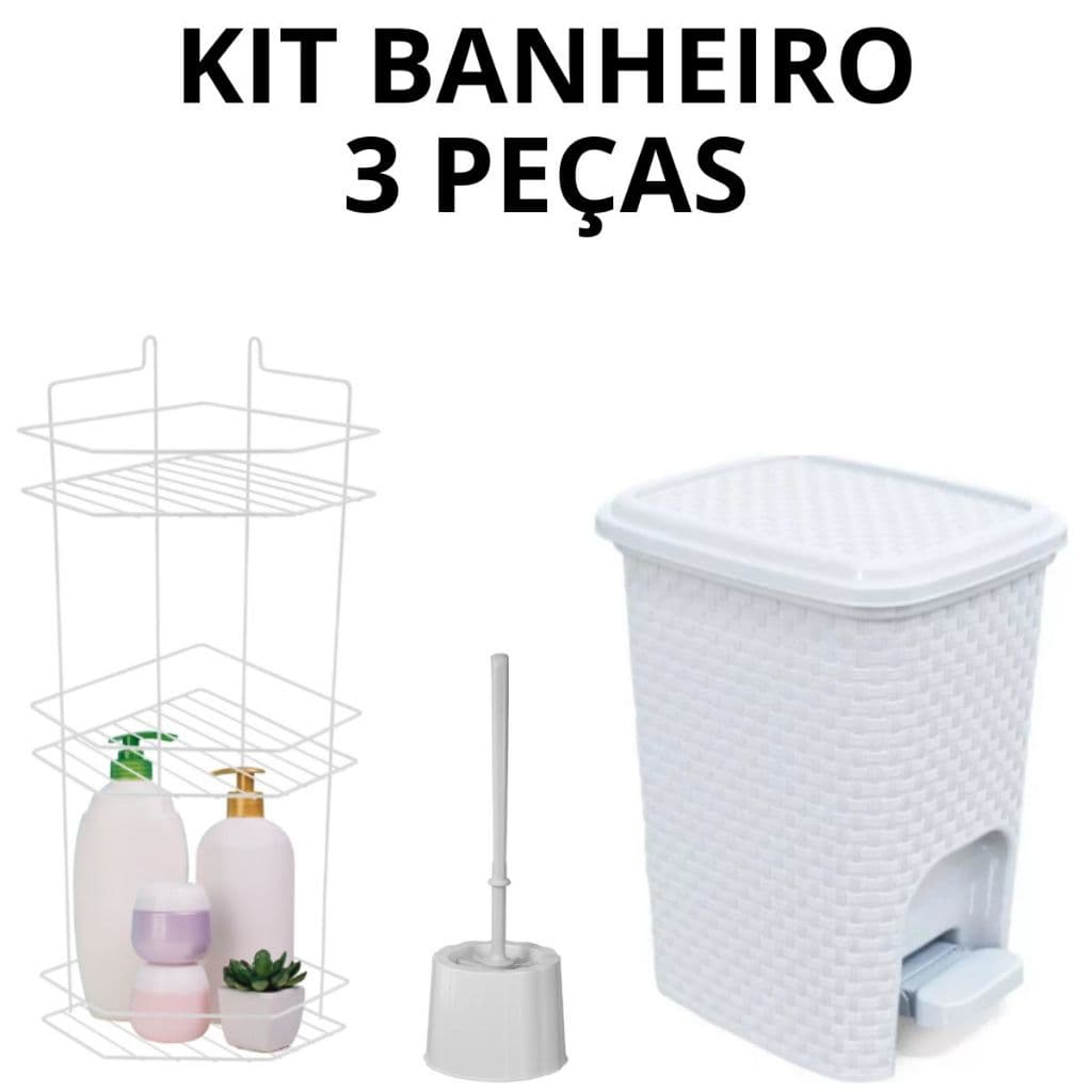 Kit Banheiro Completo 3 Peças Porta Shampoo Cantoneira Tripla Branca + Lixeira 7 Litros Com Pedal Rattan + Escova Sanitá