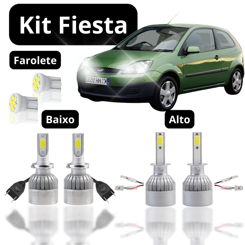 KIT Lâmpada Led (Farol Baixo Alto Farolete) FORD FIESTA 2002 a 2014 H1 H7 T10 Lâmpada Super Led Branca Ultra Led Xenon