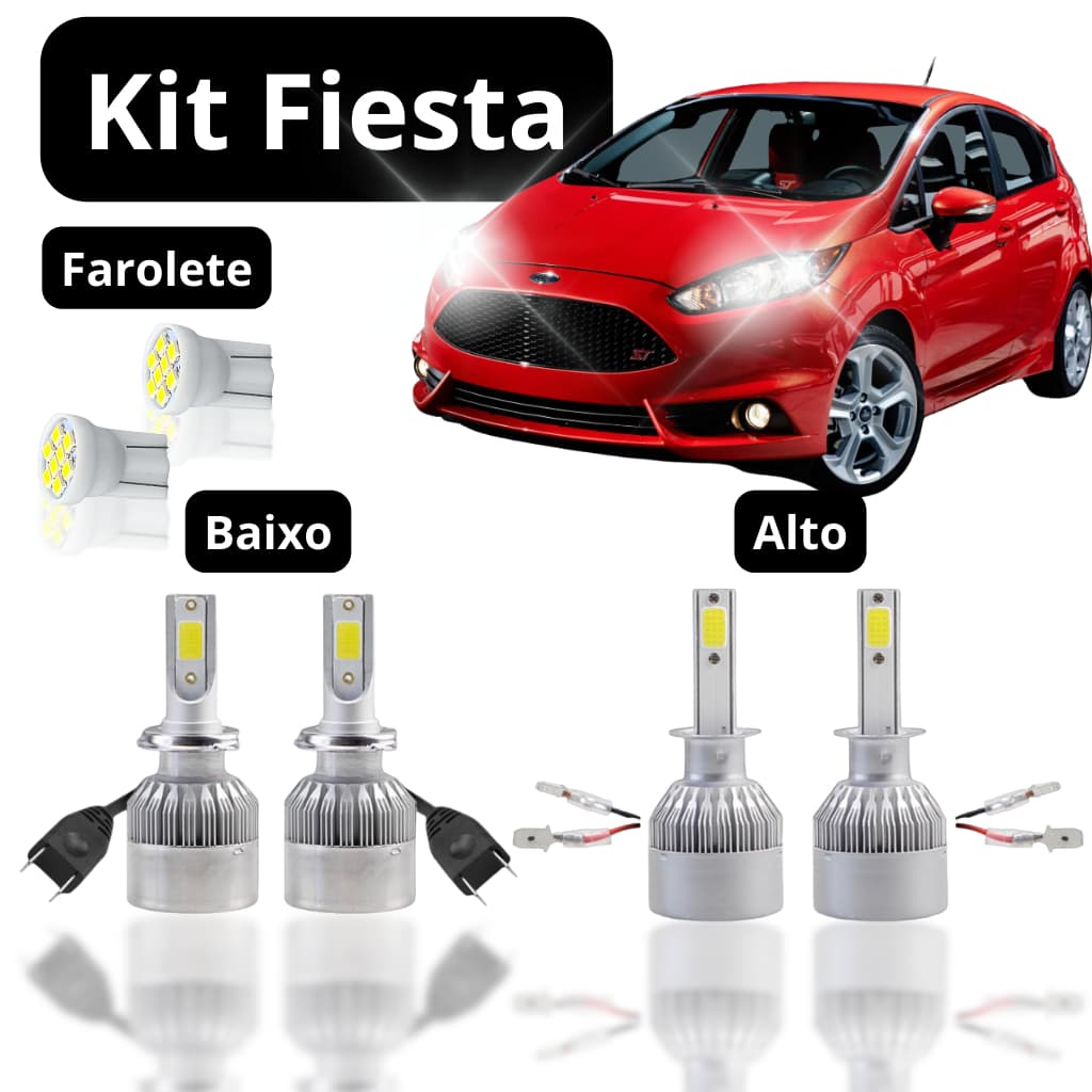 KIT Lâmpada Led (Farol Baixo Alto Farolete) FORD FIESTA 2002 a 2014 H1 H7 T10 Lâmpada Super Led Branca Ultra Led Xenon