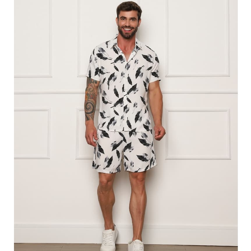 Conjunto Camisa e Short Florido Havaiano Estampado Floral Adulto Masculino Tecido de Viscose