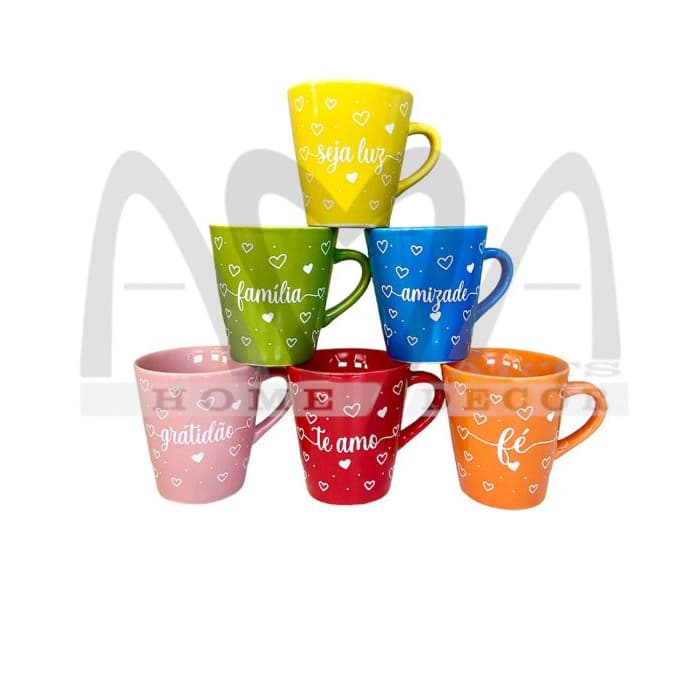 CONJUNTO COM 6 XÍCARAS DE PORCELANA COLORS DECORADA PALAVRA 120 ML