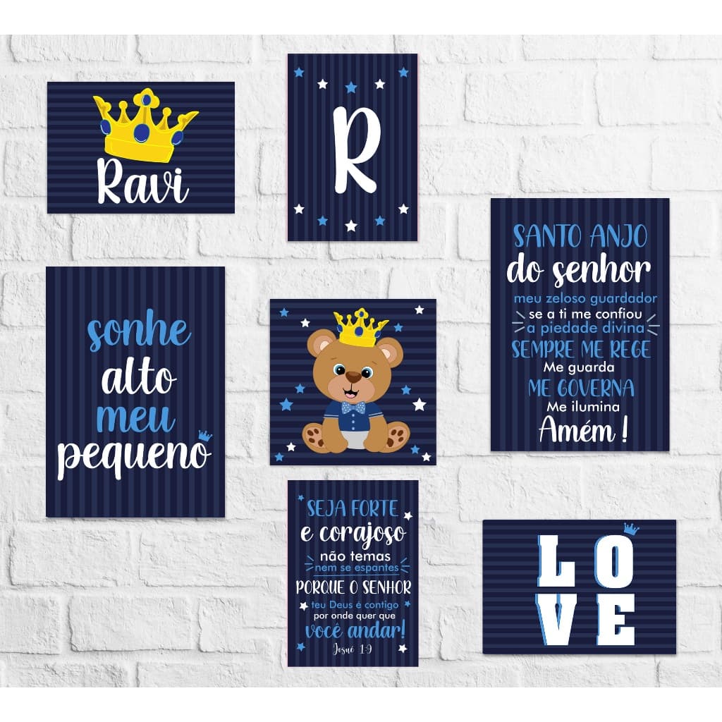Kit 7 quadros tema ursinho principe bebe menino quarto de bebe baby ursinho infantil kids quadro decoração