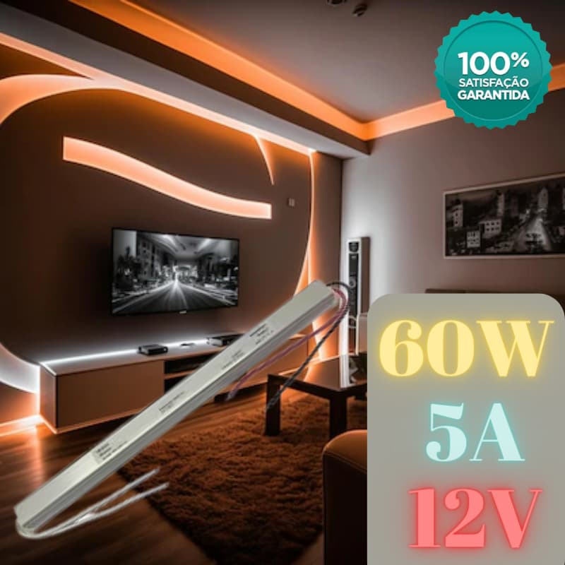Fonte Slim 12V 5A 60W Bivolt Estabilizada para Perfil LED e Sanca
