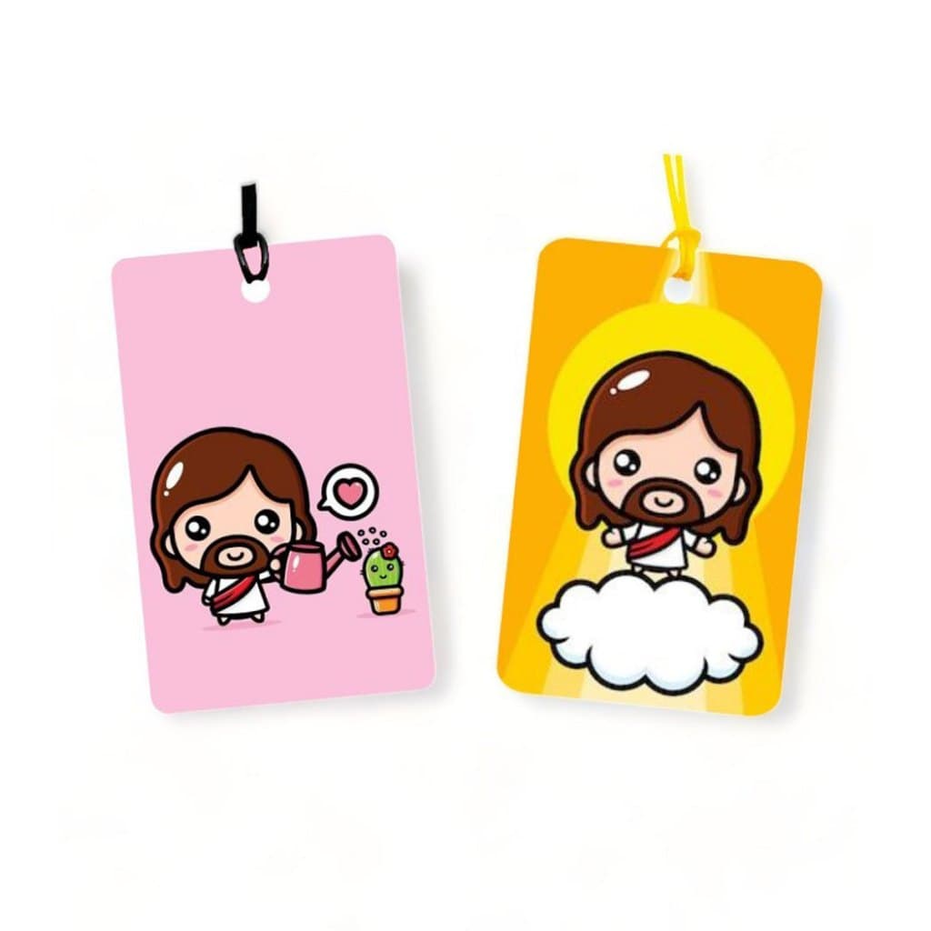 02 Tags para Malas, bolsas e mochilas - temas Gospel Cristãos para identificação - em PVC e fio de silicone - ref 14.