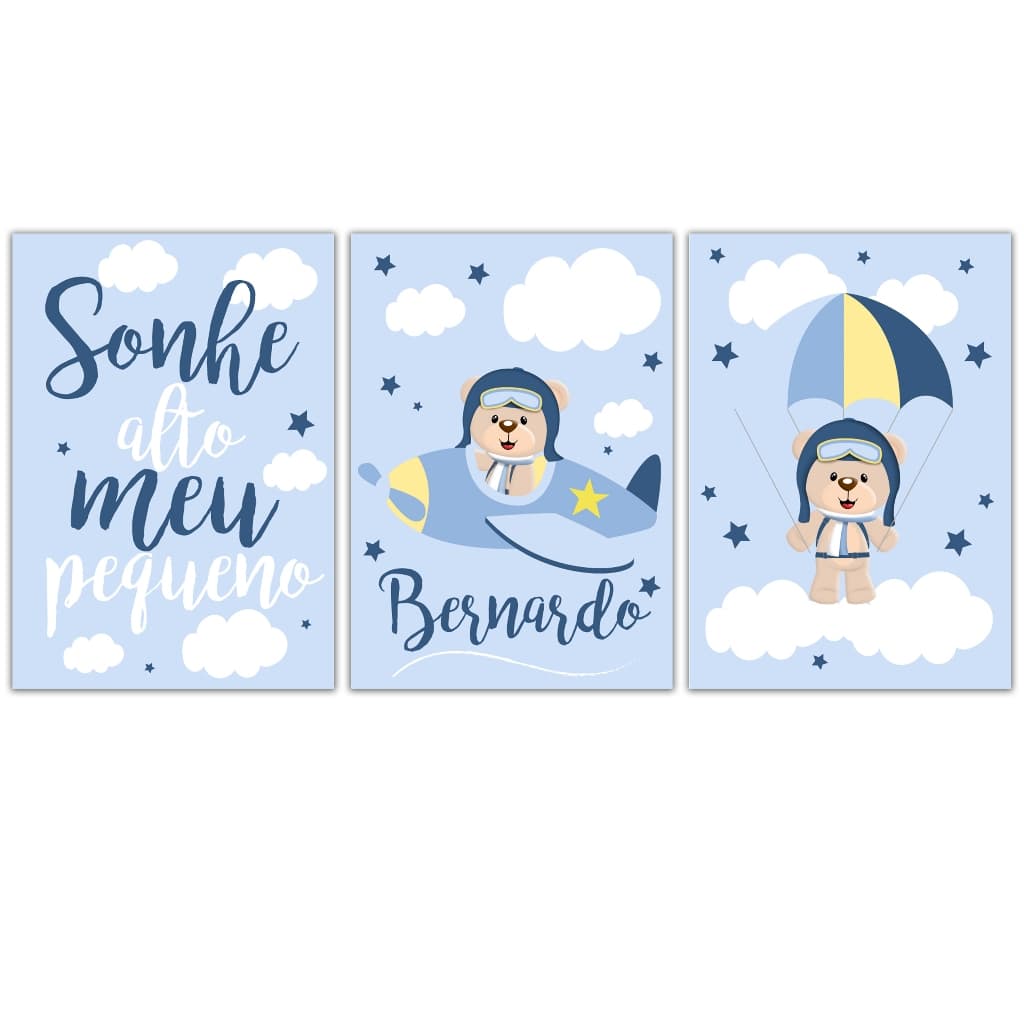 Kit 3 Quadros 21x30 Menino Personalizado Quarto Baby Bebê Urso Aviador Ursinho  Infantil Kids quadro para bebe
