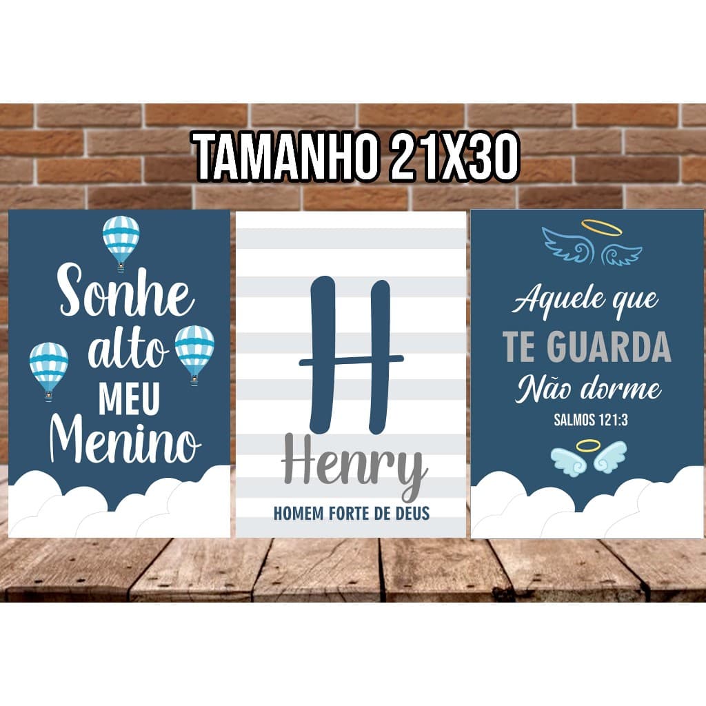 Kit 3  Quadros Menino Infantil Bebe  Balões Nuvens Oração Santo Anjo 21x30