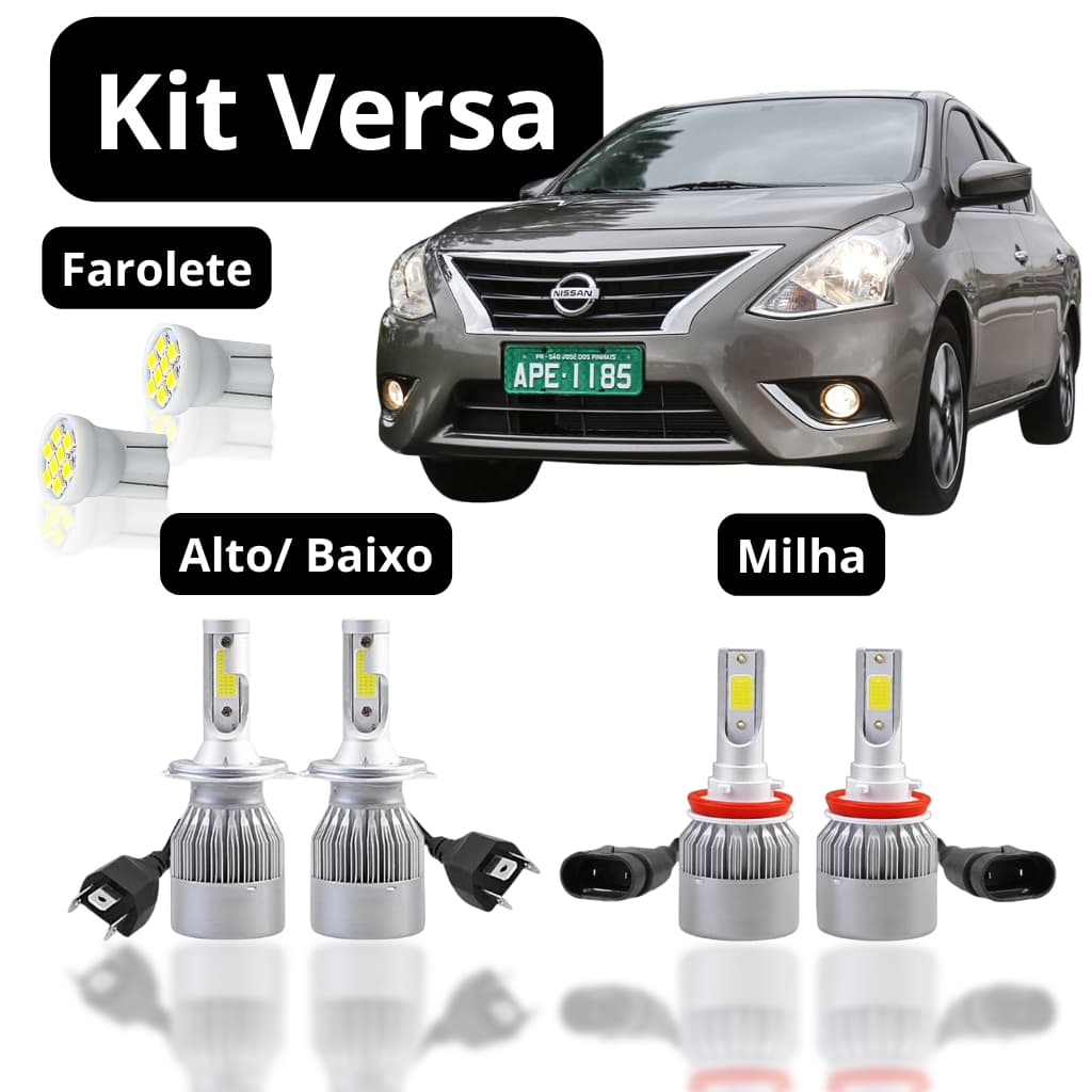 KIT Lâmpada Led (Farol Baixo Alto Milha Farolete) Nissan Versa Lâmpada Super Led Branca Ultra Led Xenon H4 H11 T10