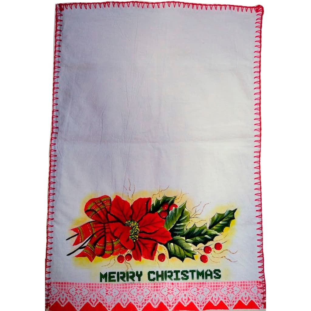 Pano de Prato Pintado a Mão Estampas Natal 75x50cm Com Crochê Bordado