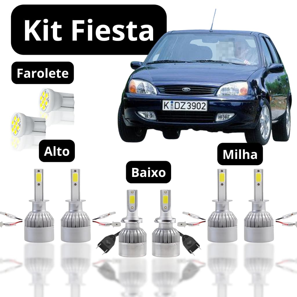 KIT Lâmpada led Ford Fiesta 1996 a 1999 Farol Baixo Alto Milha Farolete Lâmpada Super Led Ultra led Branca H7 H1 H1