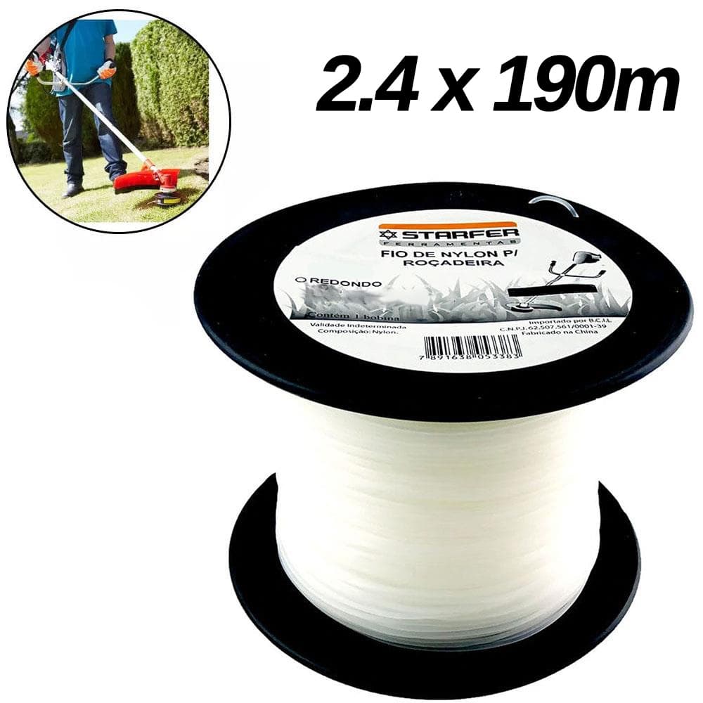 Fio de Nylon para Roçadeira Cortador de Grama Perfil Redondo 2,4mm x 190m - Starfer