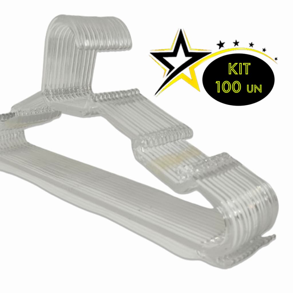 Kit 100 Cabide acrílico TRANSPARENTE Combate Reforçado para roupas organizador adulto Cristal
