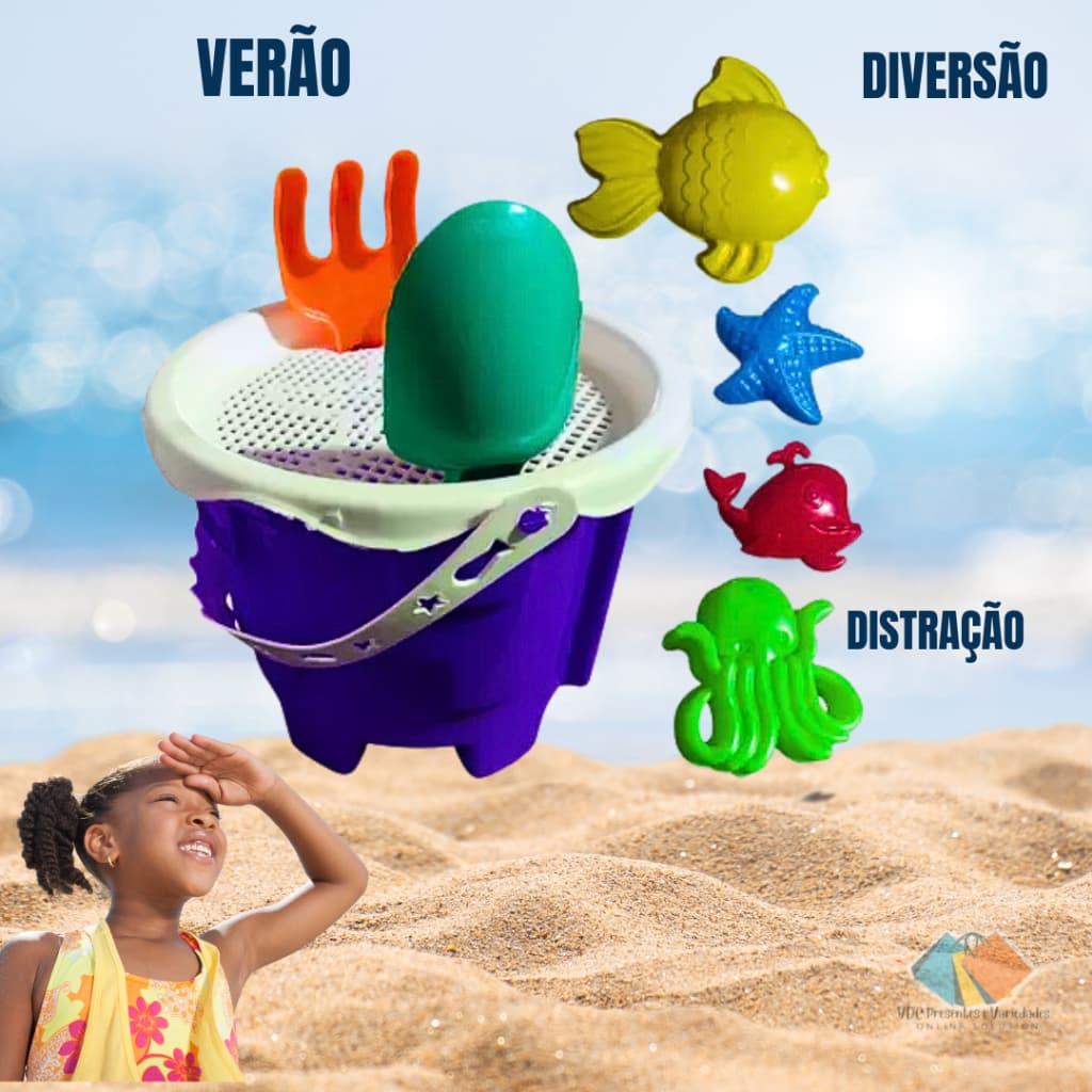 Baldinho de Praia Infantil Kit Brinquedo Balde Castelinho Com 7 Acessórios Para Brincar