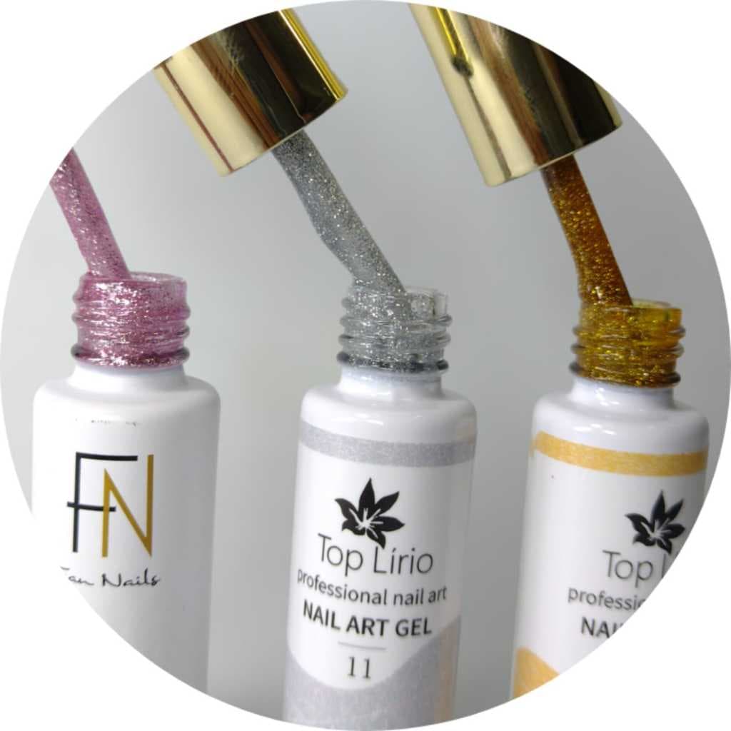 Kit 3 Esmalte Decoração Gel Led/Uv Pincel Ponta Fina Rose Gliter Dourado Prata Com Gliter Refletivo 12ml Lançamento