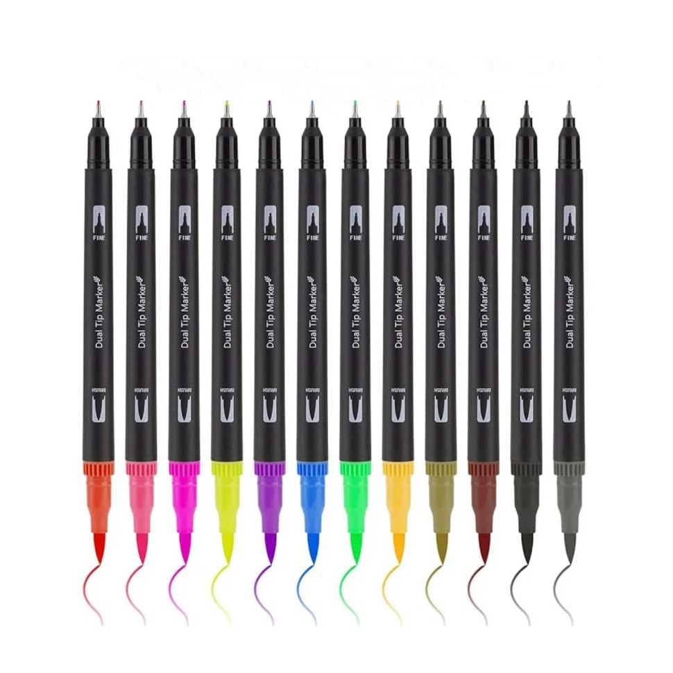 Canetas 12  Cores 2 em 1 Fine Pen e Brush Dual Tip com 12 Cores Black Ponta Fina e Ponta Brush Marcador Canetinha Caneta