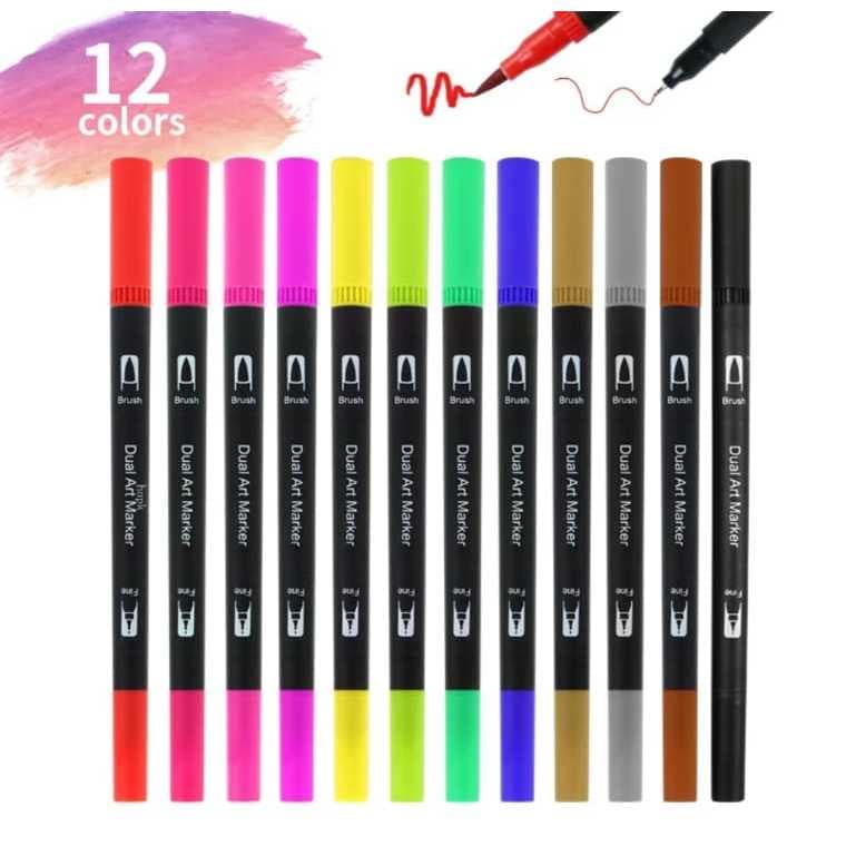 Canetas Dual Tip Fine Pen e Brush com 12 Cores Black Marcador 2 EM 1 Canetinha Caneta