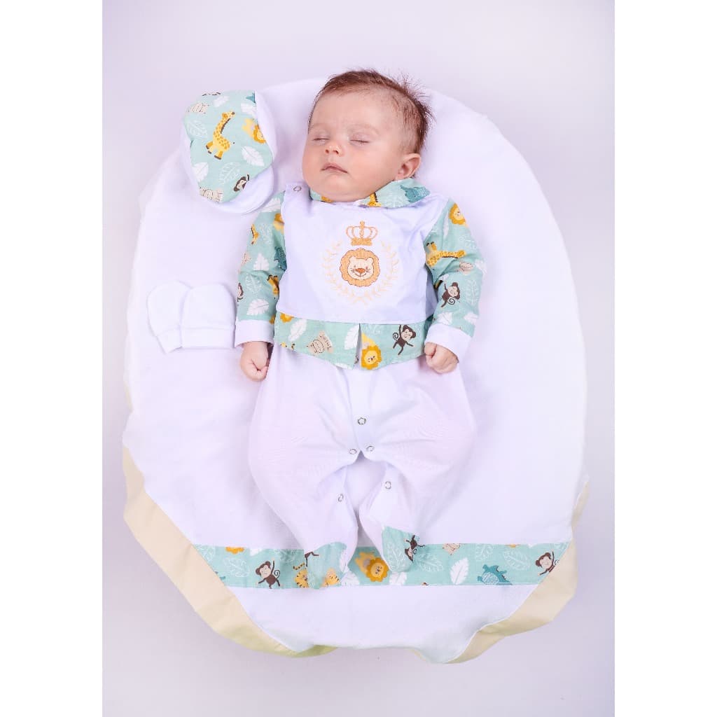 Kit Bebe Saída Maternidade Menino Verde Branco Savana 4 Peças 100% Algodão