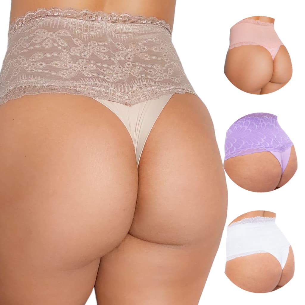 Kit 3 cinta fio modeladora cinta fio duplo micro fibra com renda cós alto reduz medidas - Lafar