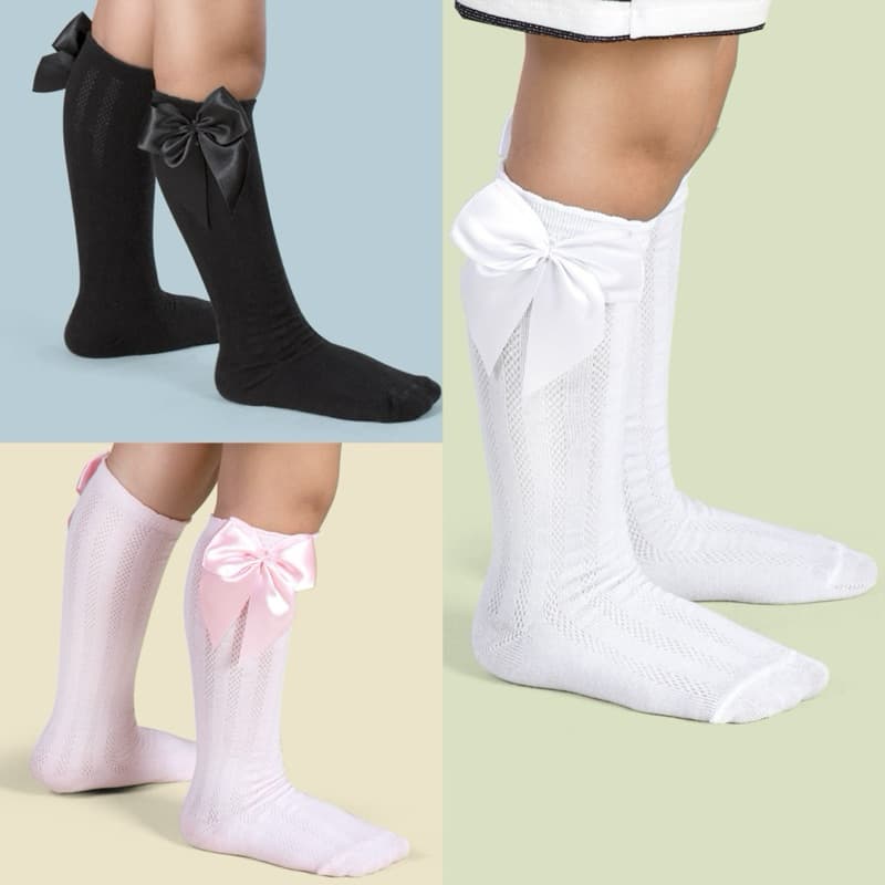 Kit 3 Pares Meia 3/4 Infantil Menina Laço Cetim Cano Longo Até o Joelho Festa Daminha Batizado 22 ao 33 Algodão Luxo
