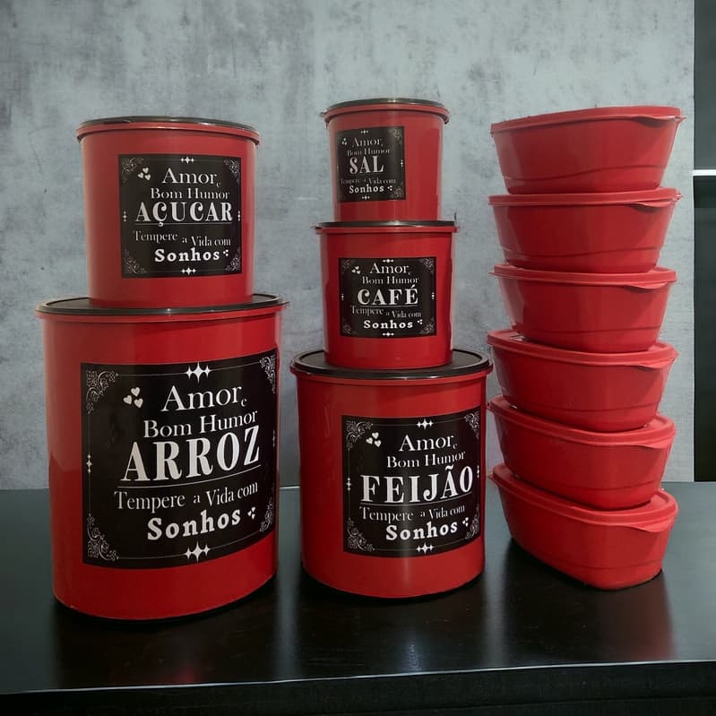 Mantimento decorado 5 peças + 6 potes 800ml vermelho