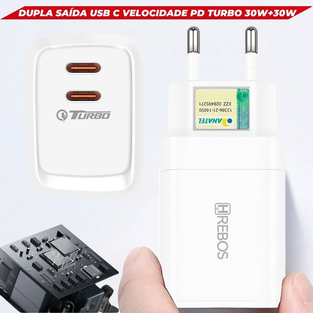 Carregador Celular Smartphone Fonte Tomada Duplo USB C Tipo C Turbo Rápido Pd 30w 2 Saídas Type C Qualidade Premium Compatível iPhone 15
