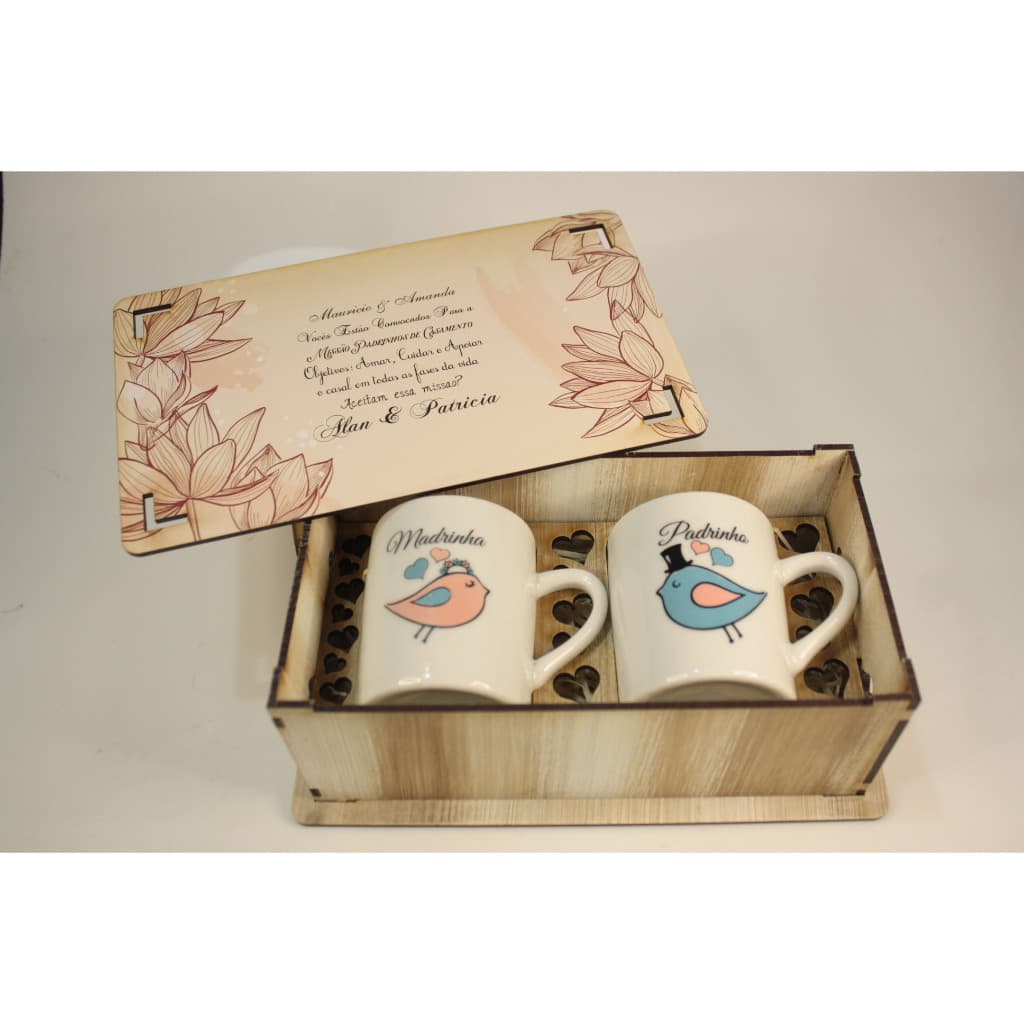 Casamento caixas Personalizadas convite padrinhos e Pais com canecas porcelana 1 casal e 1 individual
