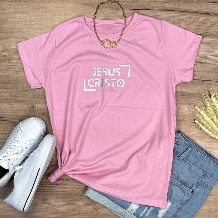 Camiseta Jesus Cristo Holográfico Moda Evangélica Gospel Cristã T-shirt Feminina Baby Look Algodão Premium