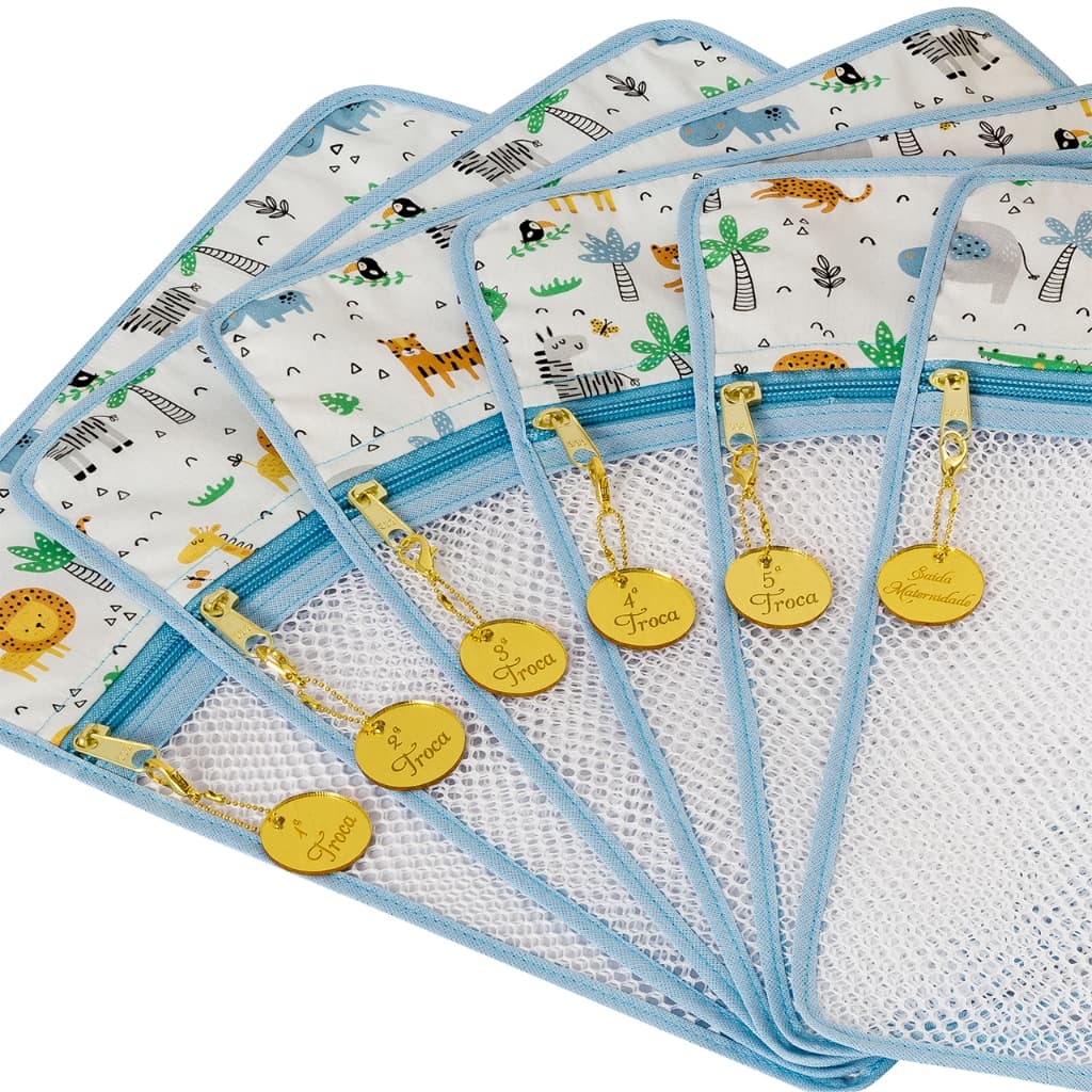 Kit 6 Saquinho Maternidade Organizador Bolsa Bebê Kit Com 6 Unidades + 6 Pingentes com Tags Dourada