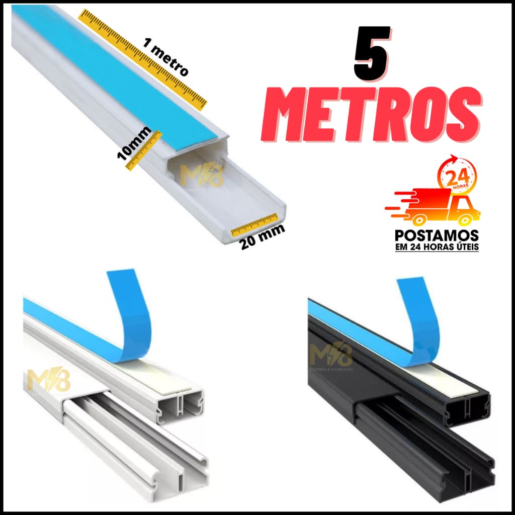 5 Metros Canaleta Organizador de Fios 20x10mm Sistema X Com Fita Adesiva Dupla Face  Canaleta Parede