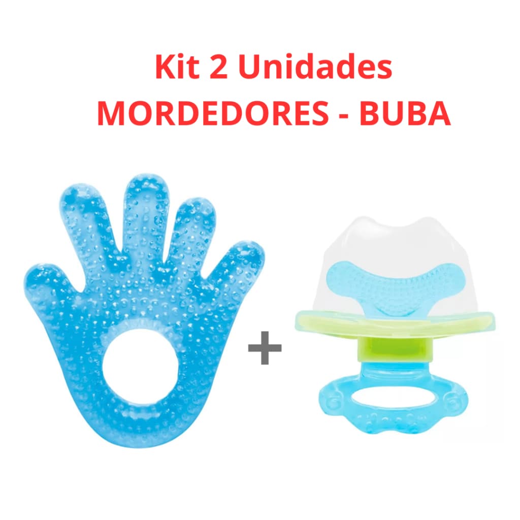 Kit 2 Unidades Mordedores Buba - Mordedor Mão Água Resfriável + Mordedor Chupeta Massageadora - Menino