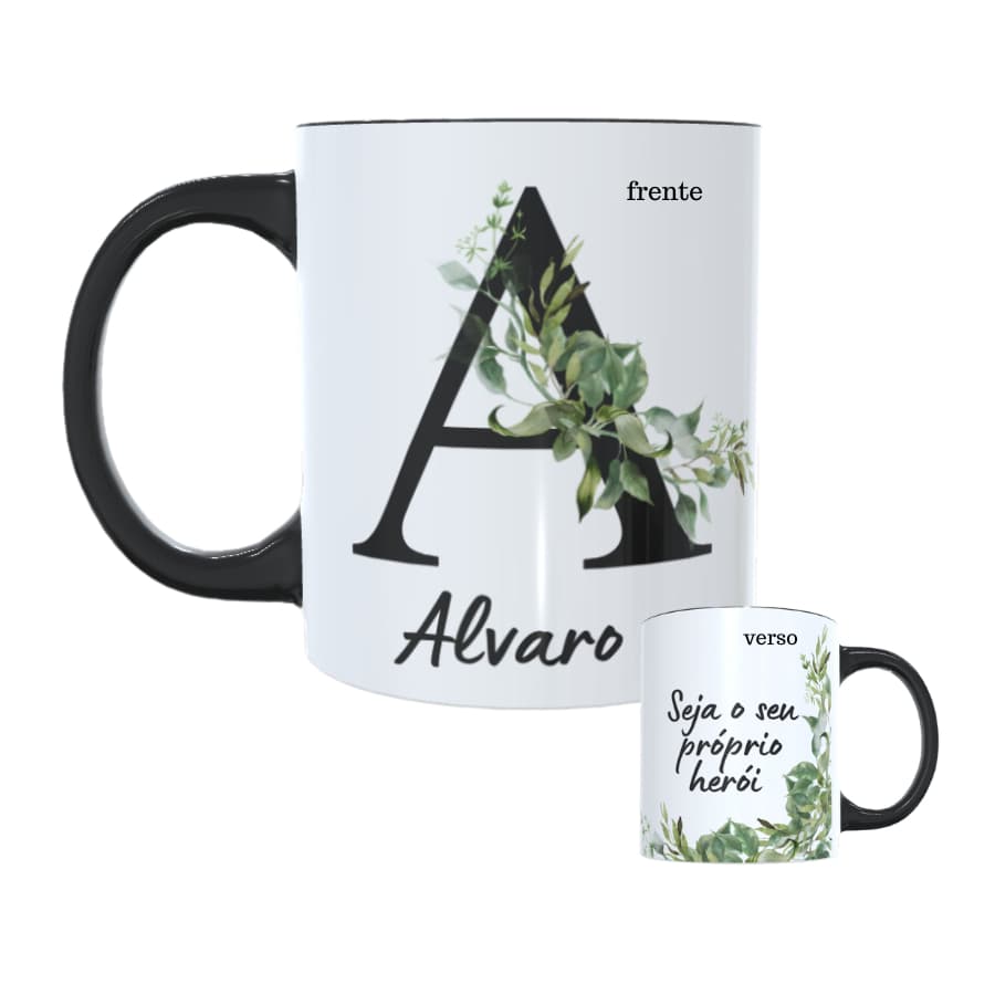 caneca personalizada com nome masculino/modelo folhas verdes/ caneca 325 ml de porcelana