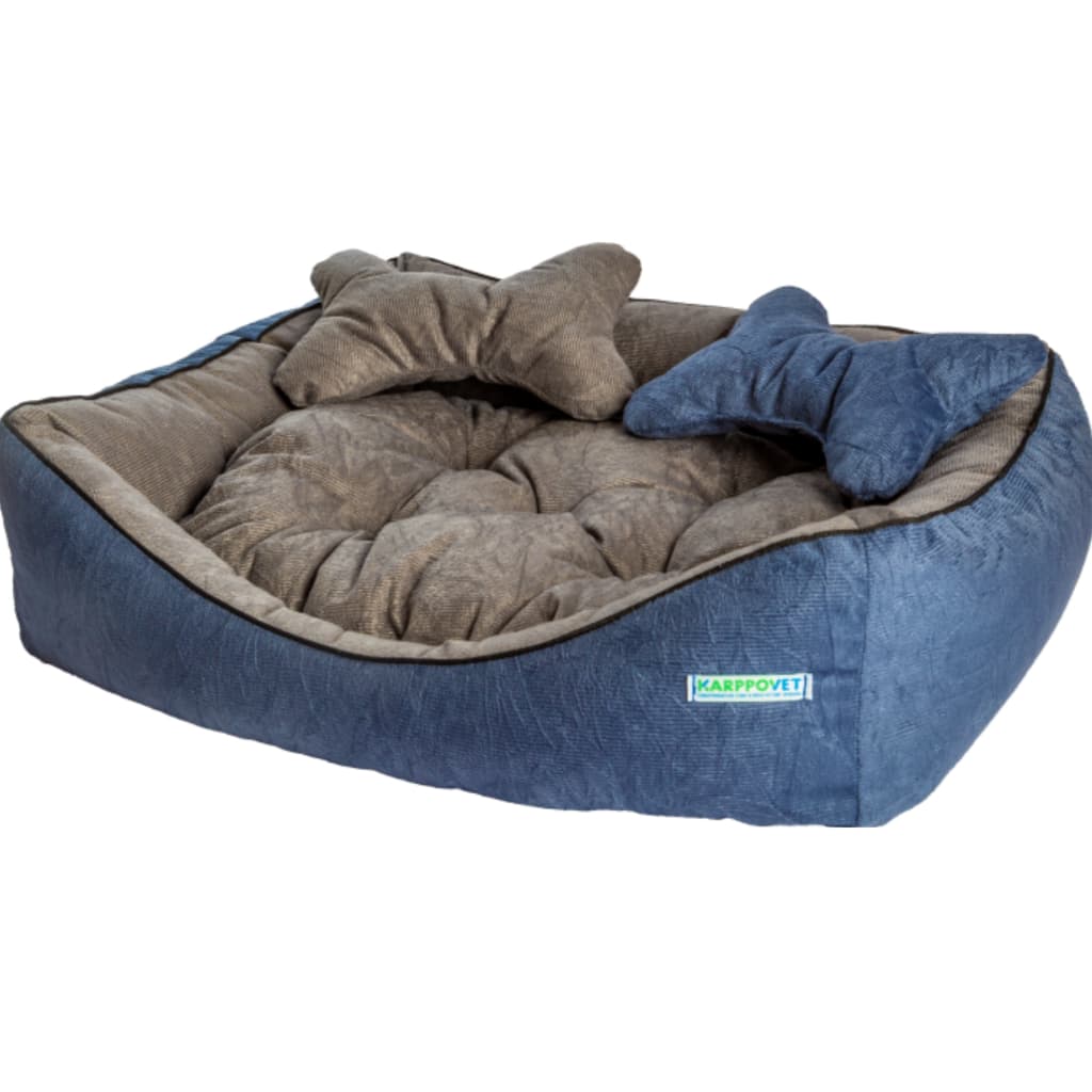 Caminha pet luxo com travesseiro e almofada dupla face, suede azul com cinza