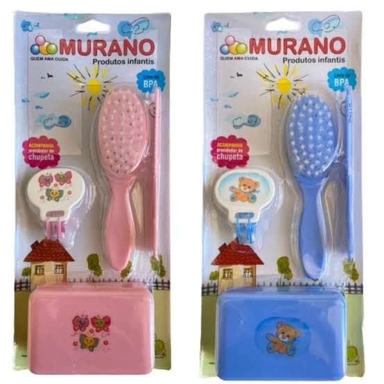 Kit Higiene Bebe 4 itens Escova de Cabelo, Saboneteira, Prendedor Chupeta MURANO - Envio imediato