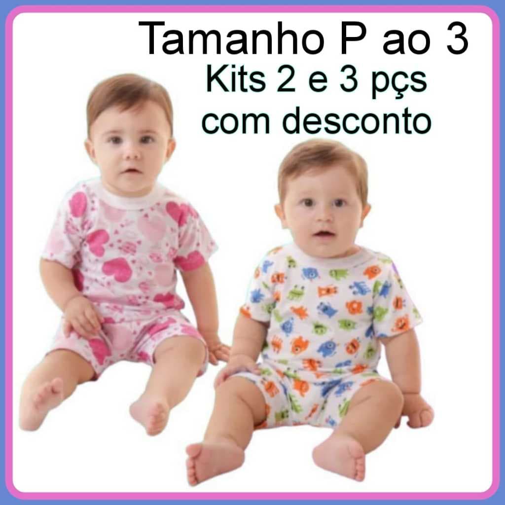1, 2 ou 3 Pijama manga curta bebê verão malha 100% algodão menino e menina