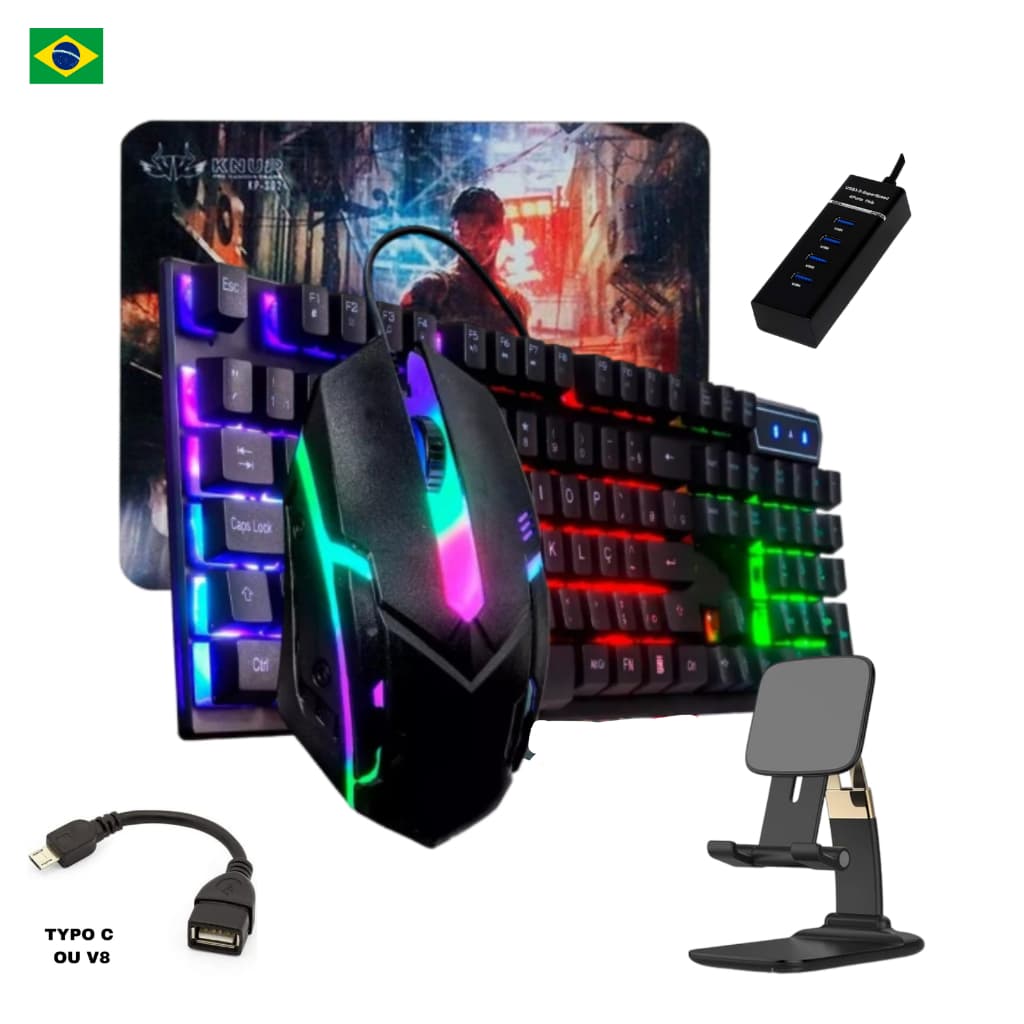 Kit Mobilador Gamer 6 in 1 Completo Com Teclado Gamer com Led RGB+ Mouse Gamer com Led RGB