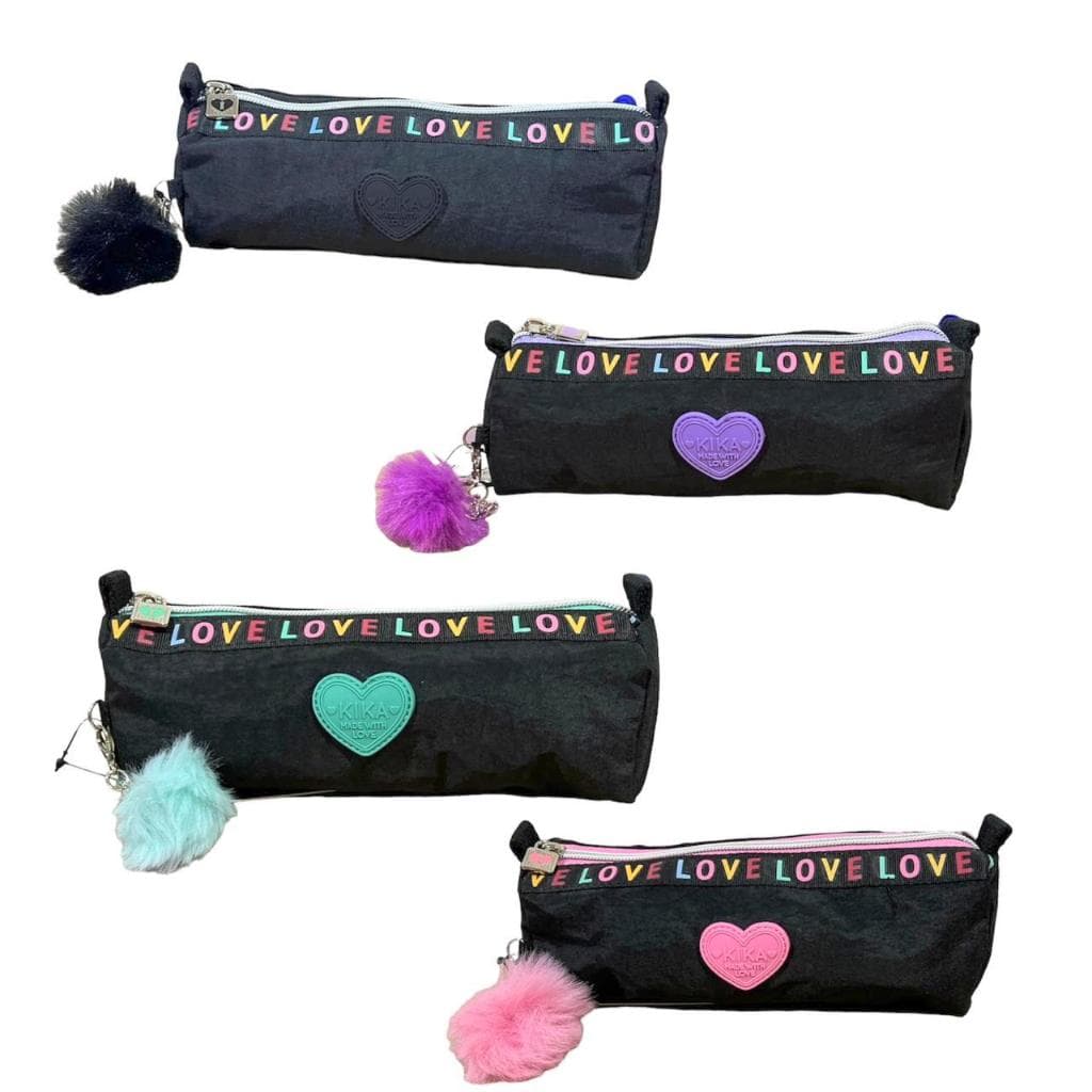 Estojo Kika Escolar Love Preto Colorido Com Pingente Pompom