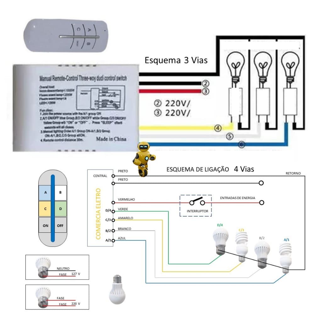 Modulo interruptor Inteligente 4 vias sem fio on/off lâmpada de controle remoto transmissor receptor