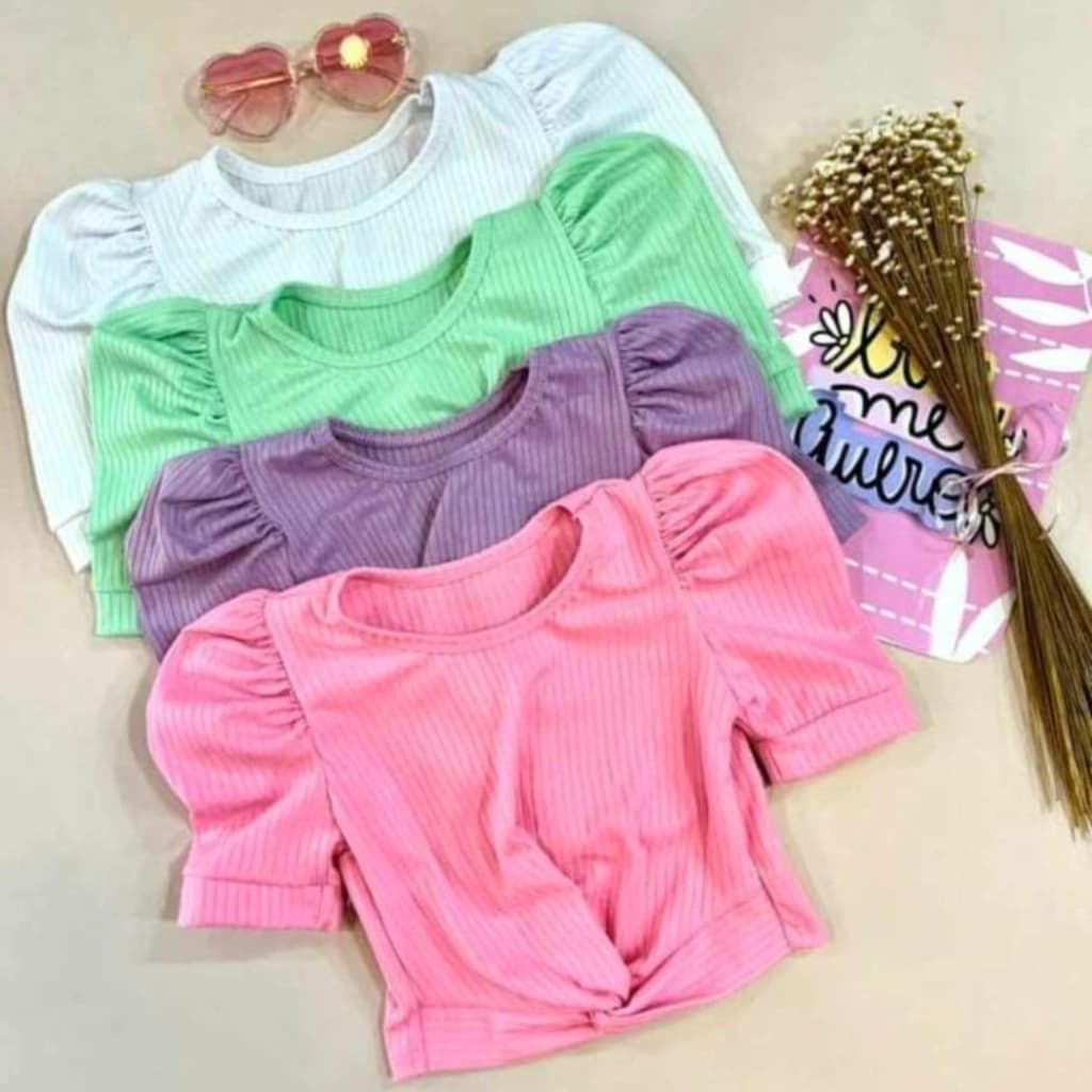 Blusa Canelada Menina Manga Curta Nozinho na Cintura