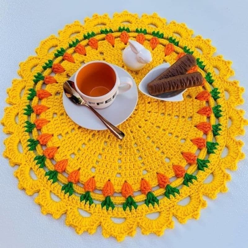 Sousplat crochê lugar americano páscoa artesanato cenoura e coelho cantinho do café mesa posta decoração