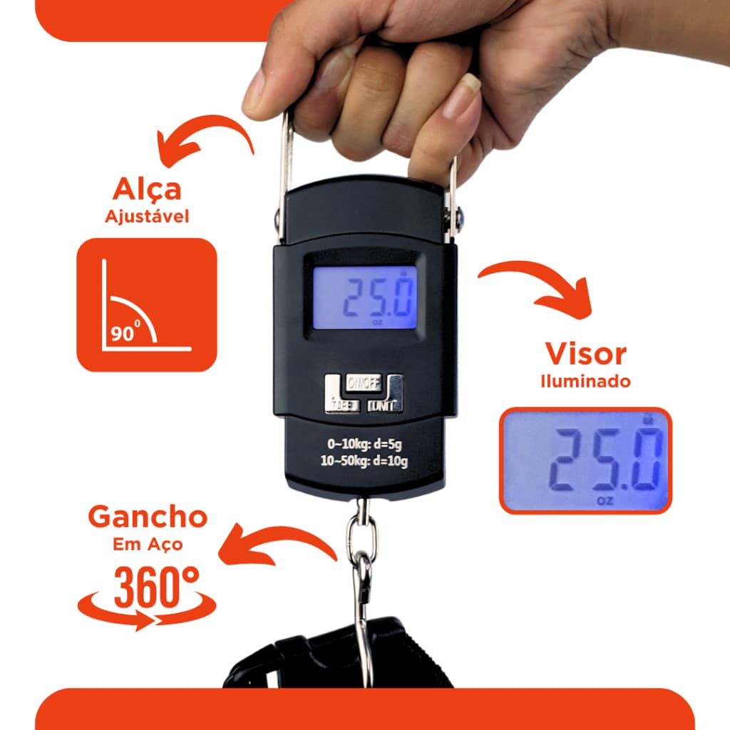 Balança De Mão Digital 50 KG com Pilhas -  Para Bagagem Bolsa e  Pesca - Nybc