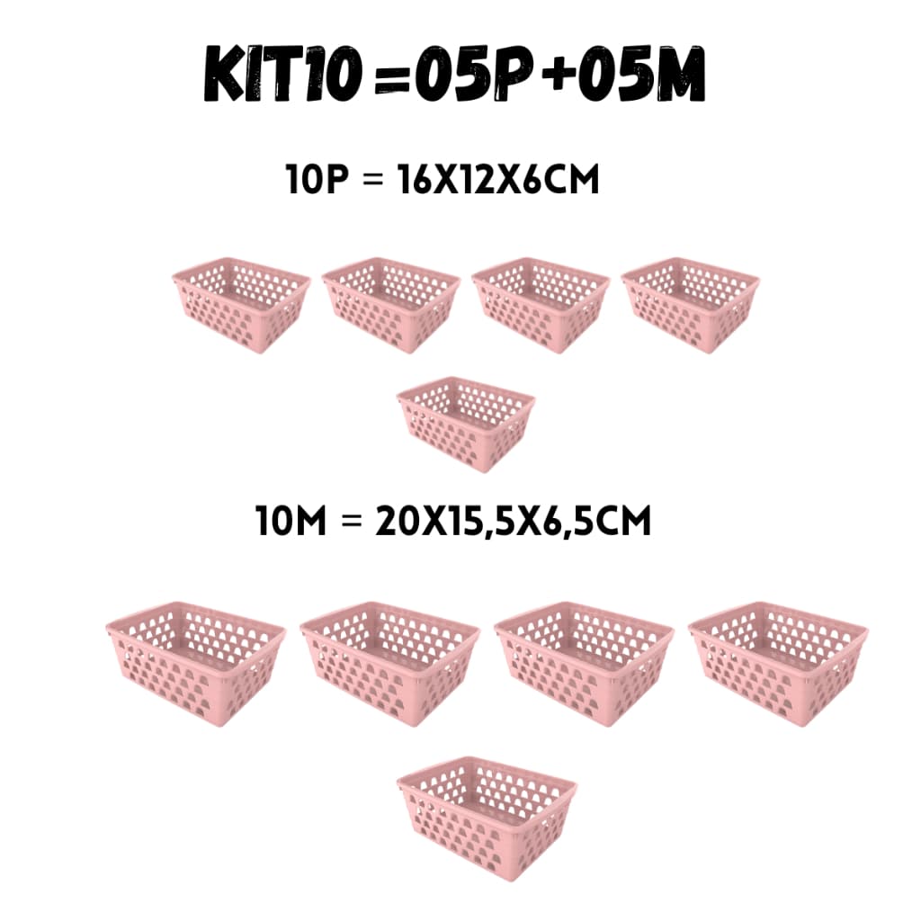 Kit 10 Cestos 05 Cestos Médios + 05 Cestos Pequenos Rosa Para Organização