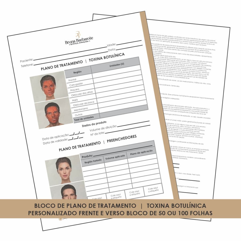 A4 BLOCO DE PLANO DE TRATAMENTO  |  TOXINA BOTULÍNICA A4 bloco anamnese PERSONALIZADO FRENTE E VERSO BLOCO DE 25/ 50 OU 100 FOLHAS
