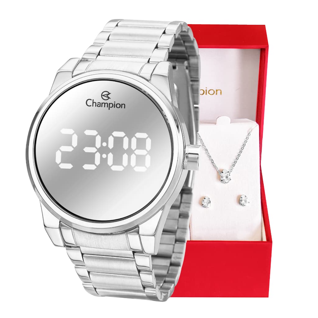 Relógio Feminino Digital Champion Espelhado Original À Prova D'Água + Conjunto Colar e Brinco CH40124S Relógio Feminino