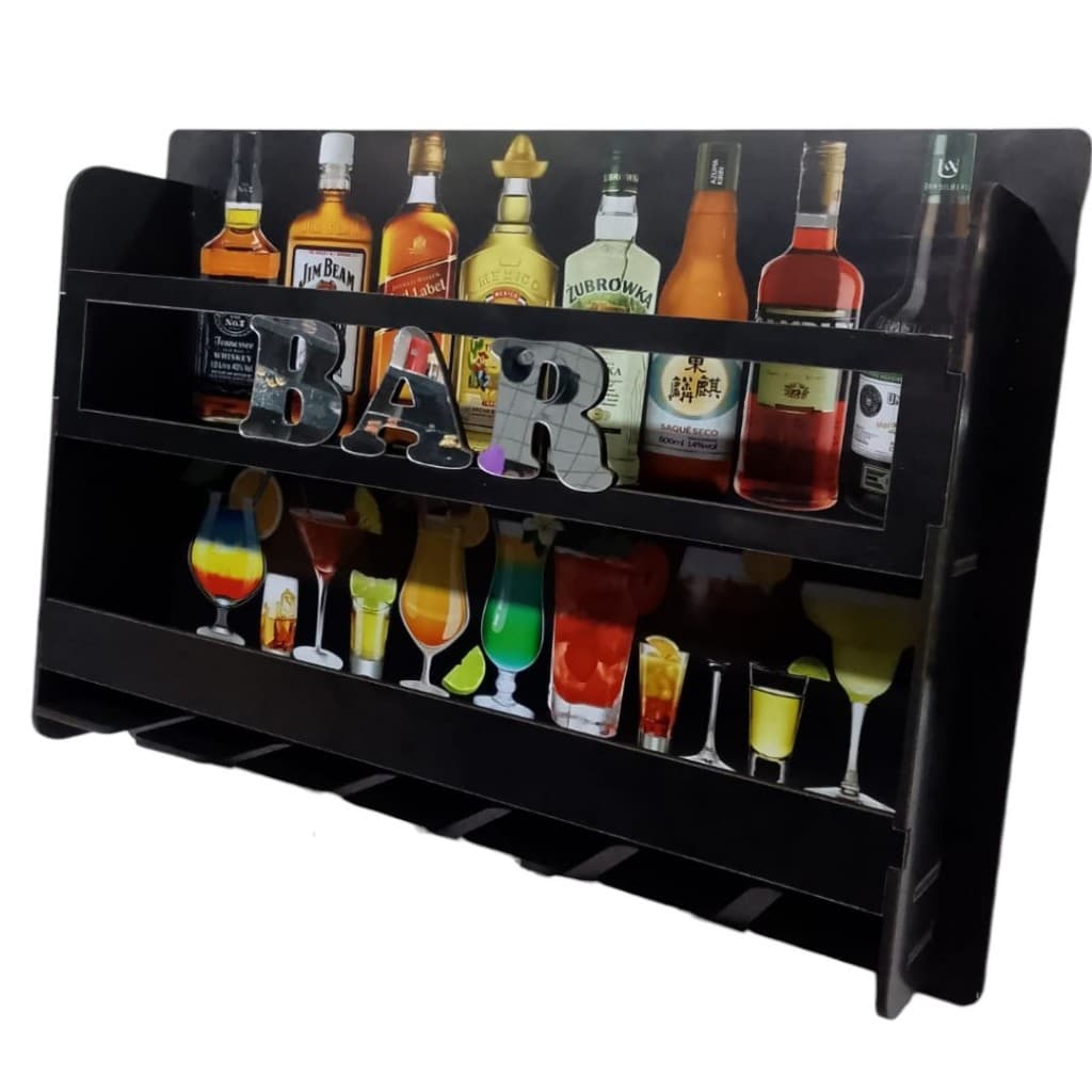 Bar Adega De Parede C/ Porta Taça Mdf Adesivado Decoração Preto