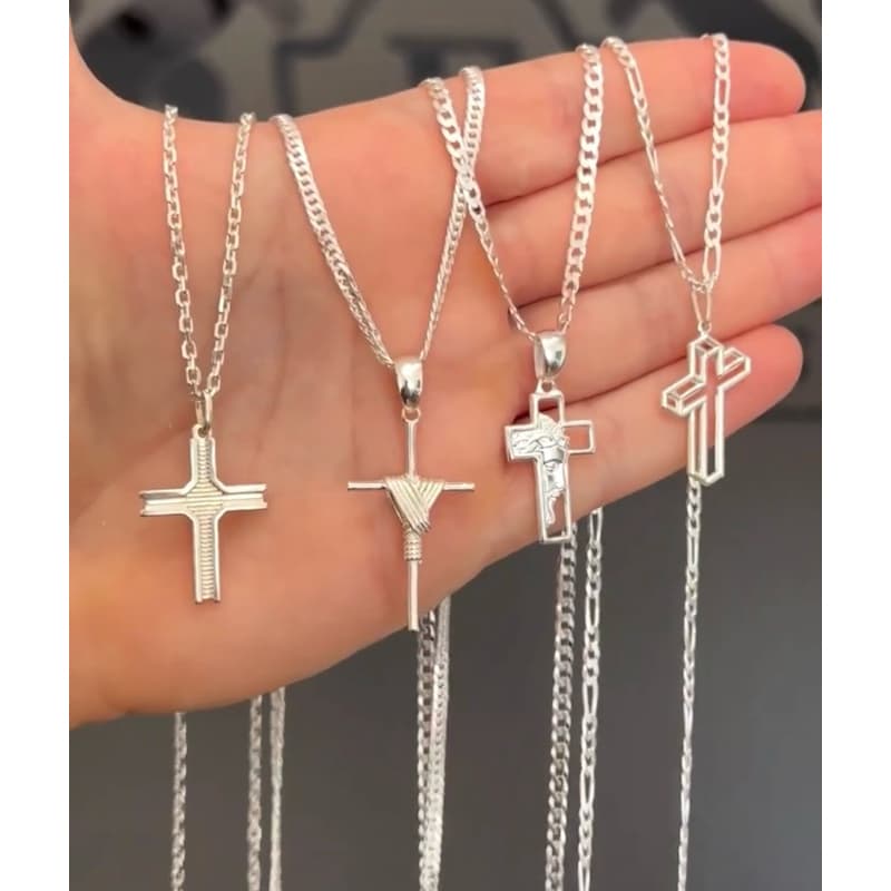 kit 10 peças banhadas a prata 925 correntes + pingentes religiosos