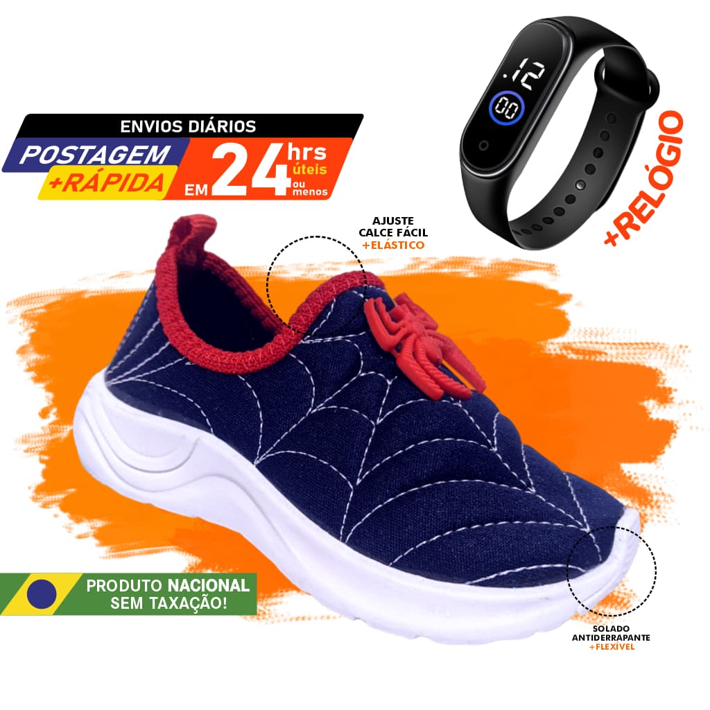 Calçado Infantil Aranha Calce Fácil com Relógio LED Resistente a àgua sem cadarço Menino Barato Lindo Macio Leve solado antiderrapante