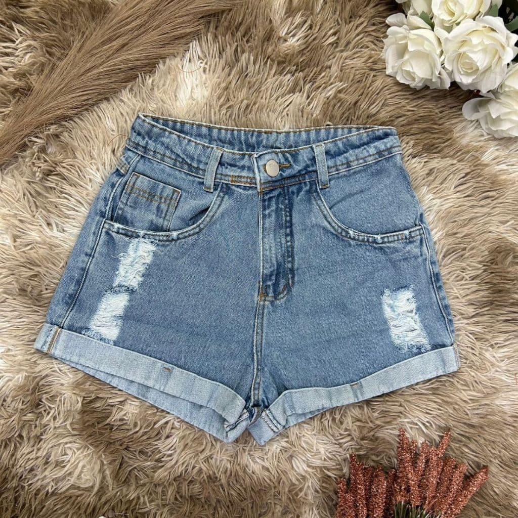 Short Bermuda Jeans Feminina Com Ziper Bolso Rasgadas Verão Estilo Elegante Liso Juvenil Natural Com bolso na frente e atras