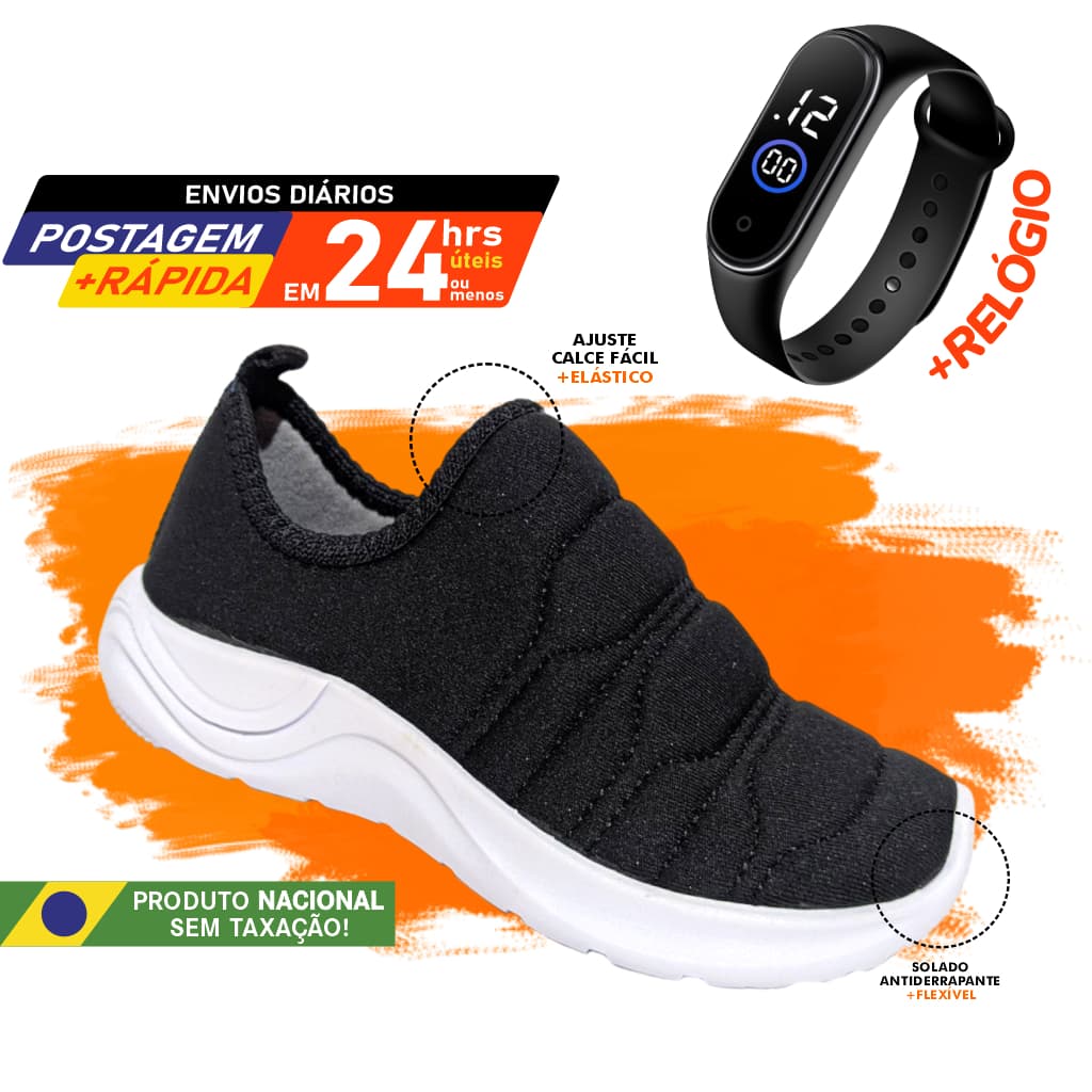 Tênis + Relógio Infantil LED Unissex Preto Macio Moderno Versátil Sem Cadarço Leve Lindo Confortável