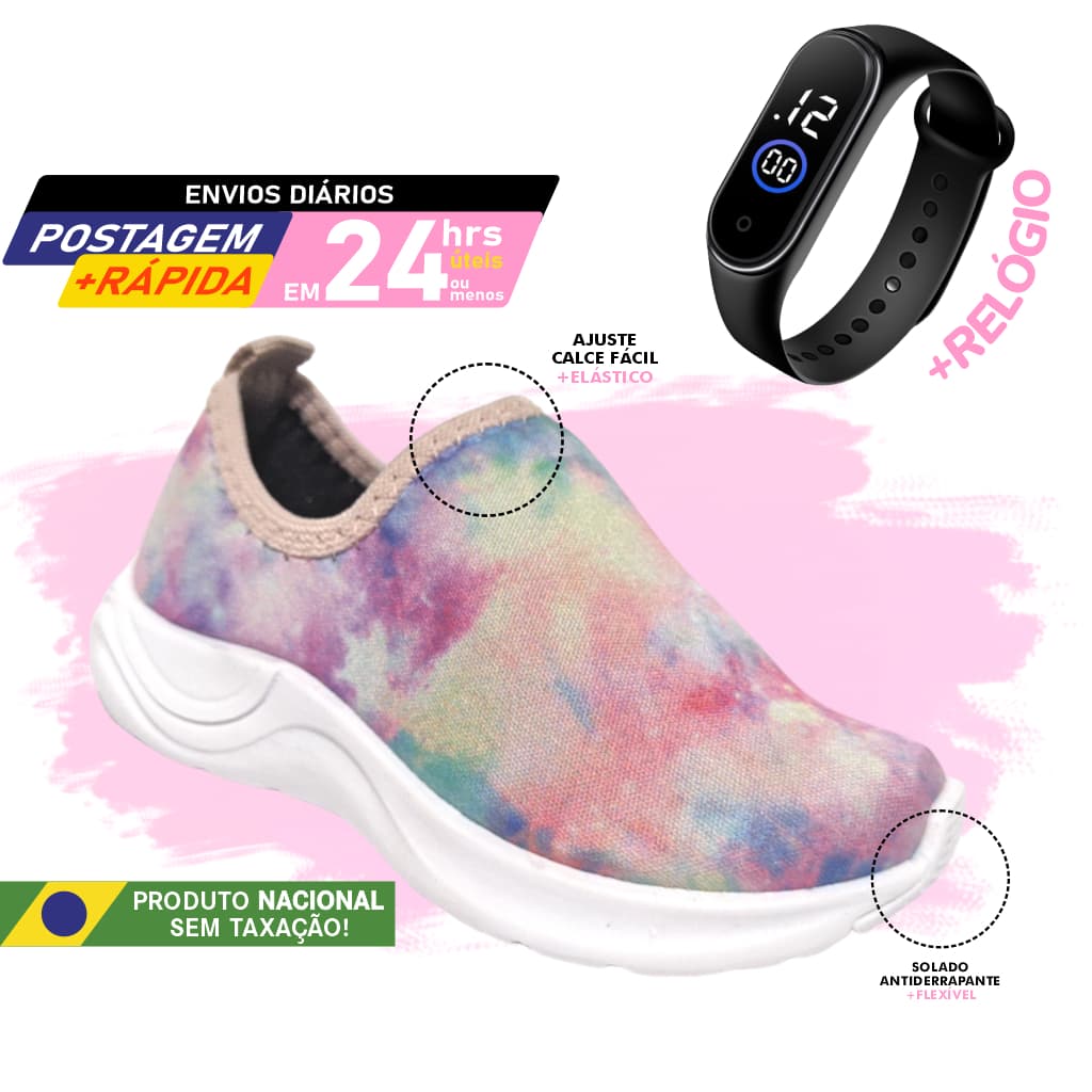 Kit Relógio e Tenis de enfiar o pé calce fácil sem cadarço slip on menina feminino Tie Dye Colorido
