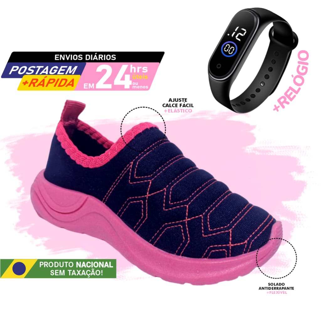 Tênis para menina Marinho e Pink Calce Fácil Slip on Confortável pronta entrega solado escuro sola colorida Kit Combo Com Relogio Digital LED