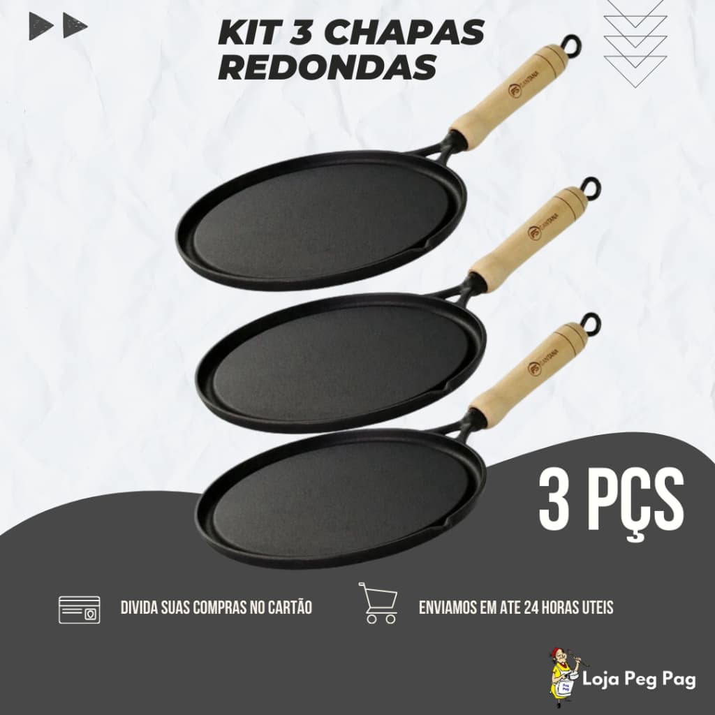 Kit 3 Chapa Bifeteira Ferro Redonda Lisa para Servir Porção